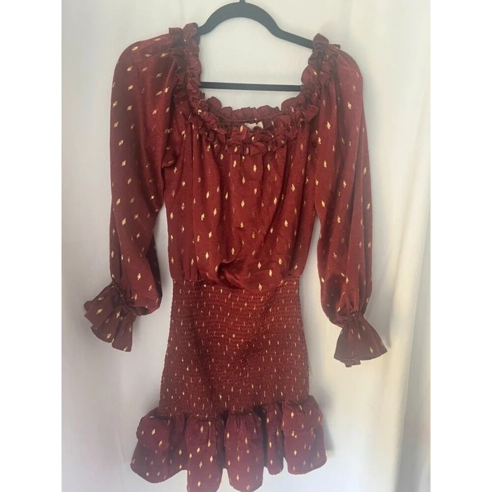 G.P.D Rust Burgundy Gold Metallic Dot Off-Shoulder Smocked Ruffle Mini Dress